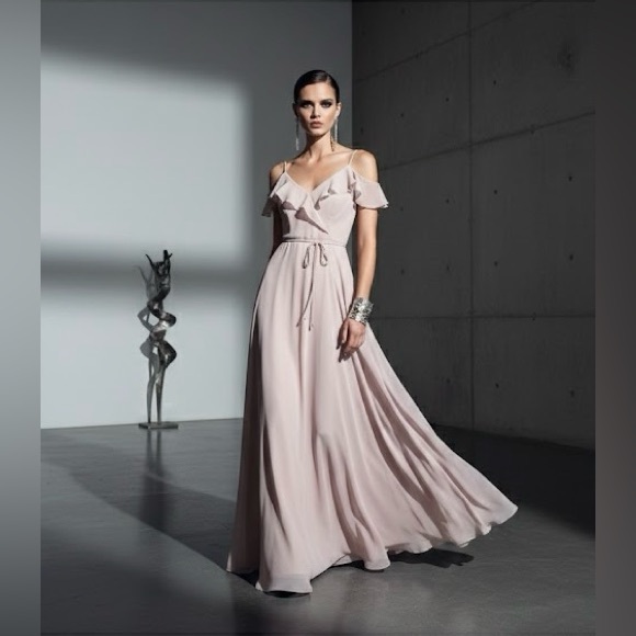 Jenny Yoo Dresses & Skirts - Jenny Yoo Topaz Pink Ruffle V-Neck Chiffon A-Line Formal Bridesmaid Dress Size 6